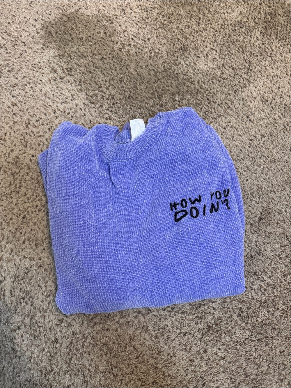 Lavender FRIENDS Crewneck Sweater with "How You Doin'?" Embroidery